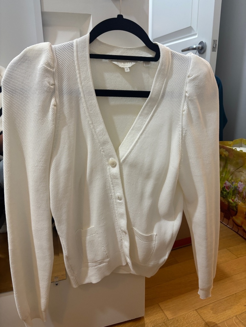 Ted Baker Cream Puff-Sleeve V-Neck Cardigan